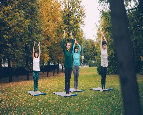 Woman practicing yoga outdoors in a park